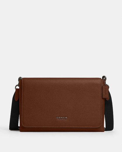 Caleb Messenger Bag Pebbled Leather-Gunmetal-Saddle Pebbled Leather-Gunmetal-Saddle