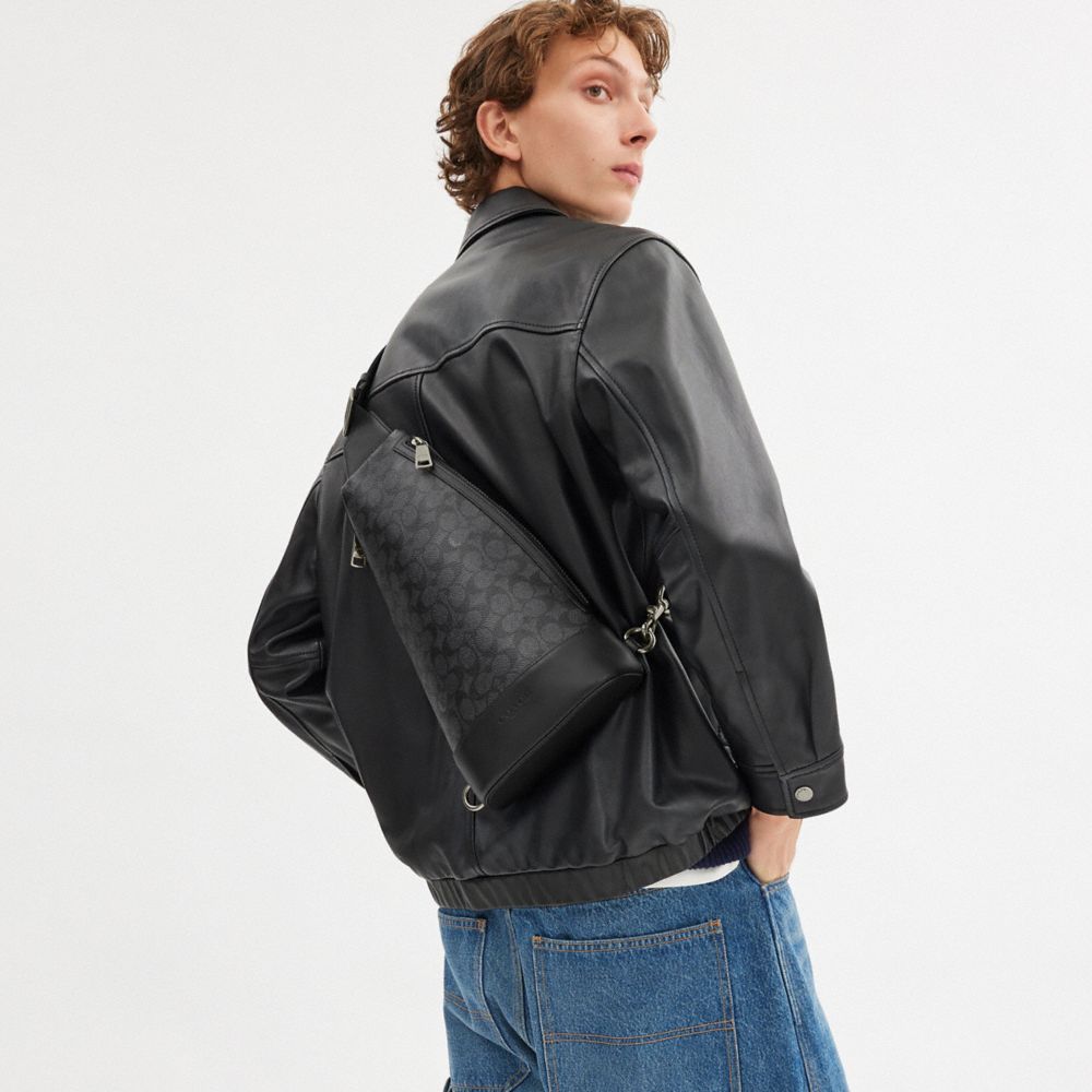 Coach Dominic Sling Pack In Signature Canvas Gunmetal Charcoal Black
