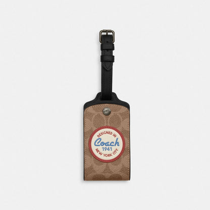 Coach Luggage Tag In Signature Canvas With Patches Gunmetal Tan Multi
