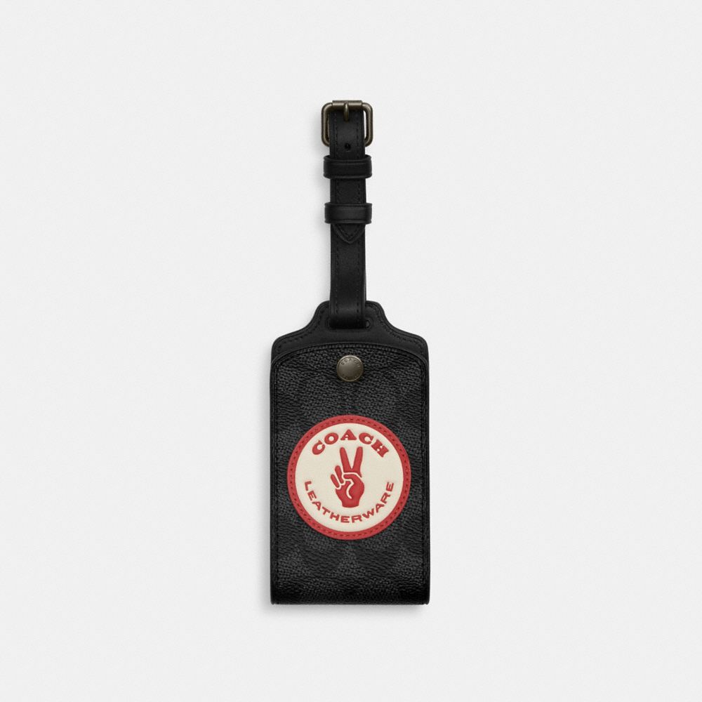 Luggage Tag In Signature Canvas With Patches Signature Canvas-Gunmetal-Charcoal Multi Signature Canvas-Gunmetal-Charcoal Multi