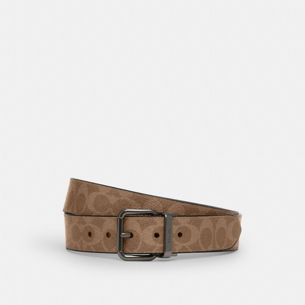 Roller Buckle Cut To Size Reversible Belt, 38 Mm Signature Canvas-Gunmetal-Tan Charcoal Signature Canvas-Gunmetal-Tan Charcoal