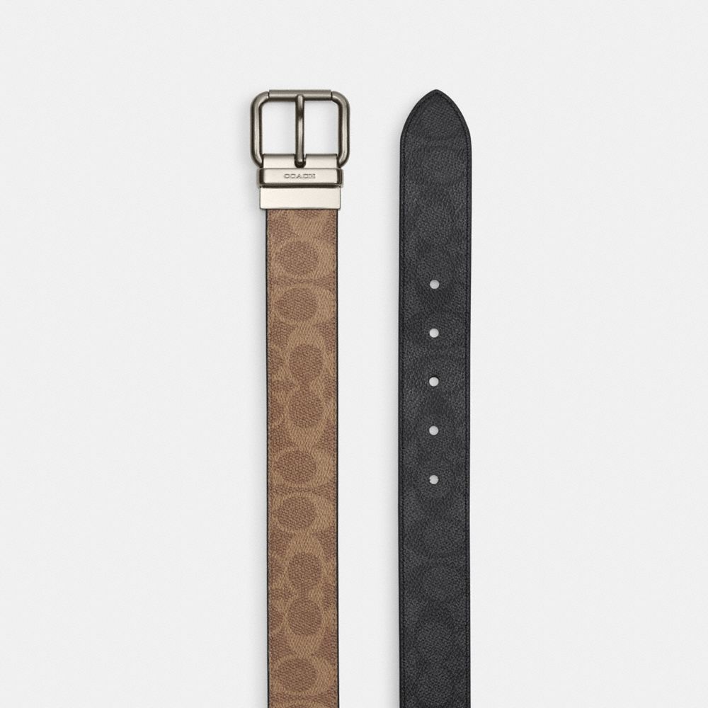 Roller Buckle Cut To Size Reversible Belt, 38 Mm Signature Canvas-Gunmetal-Tan Charcoal Signature Canvas-Gunmetal-Tan Charcoal