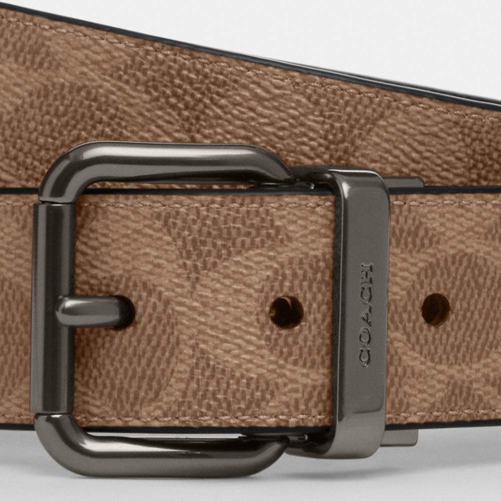 Roller Buckle Cut To Size Reversible Belt, 38 Mm Signature Canvas-Gunmetal-Tan Charcoal Signature Canvas-Gunmetal-Tan Charcoal