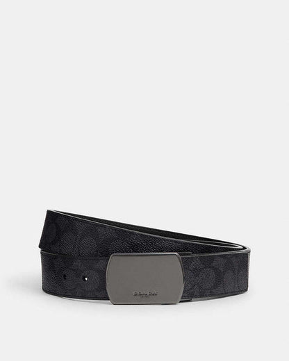 Plaque Buckle Cut To Size Reversible Belt, 38 Mm Signature Canvas-Gunmetal-Charcoal-Black Signature Canvas-Gunmetal-Charcoal-Black