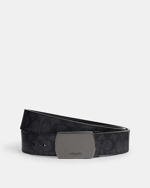 Plaque Buckle Cut To Size Reversible Belt, 38 Mm Signature Canvas-Gunmetal-Charcoal-Black Signature Canvas-Gunmetal-Charcoal-Black