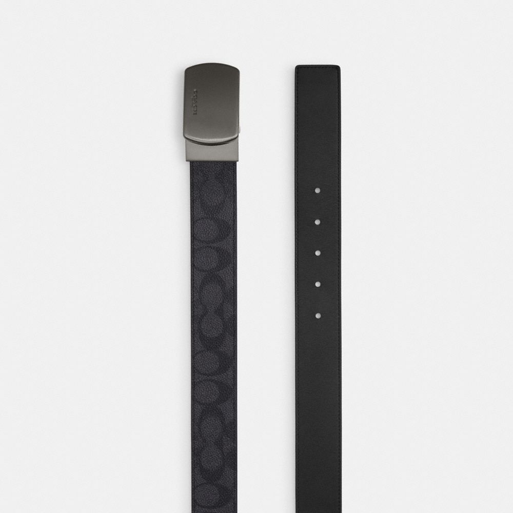 Plaque Buckle Cut To Size Reversible Belt, 38 Mm Signature Canvas-Gunmetal-Charcoal-Black Signature Canvas-Gunmetal-Charcoal-Black