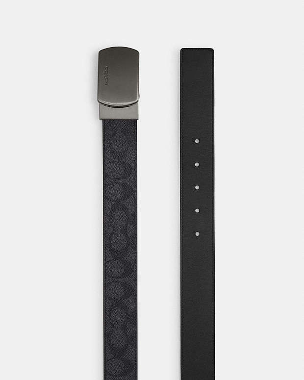 Plaque Buckle Cut To Size Reversible Belt, 38 Mm Signature Canvas-Gunmetal-Charcoal-Black Signature Canvas-Gunmetal-Charcoal-Black