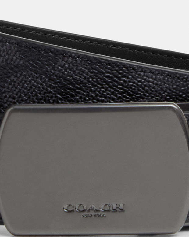 Plaque Buckle Cut To Size Reversible Belt, 38 Mm Signature Canvas-Gunmetal-Charcoal-Black Signature Canvas-Gunmetal-Charcoal-Black