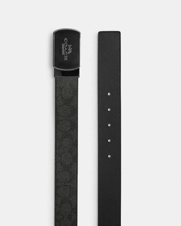 Plaque Buckle Cut To Size Reversible Belt, 38 Mm Signature Canvas-Gunmetal-Charcoal-Black Signature Canvas-Gunmetal-Charcoal-Black