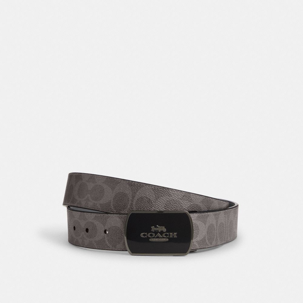 Coach Plaque Buckle Cut To Size Reversible Belt, 38 Mm Gunmetal Grey Charcoal