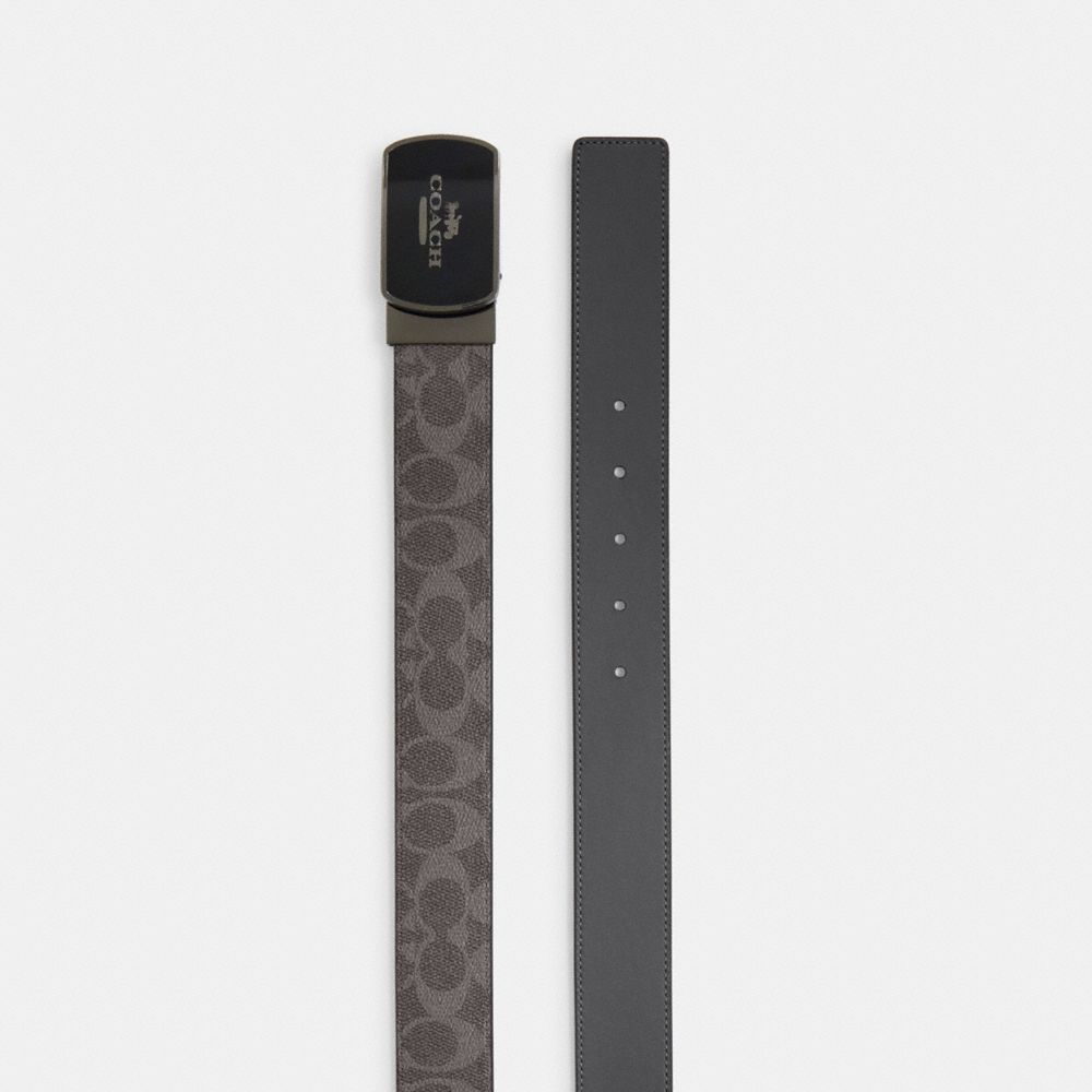 Coach Plaque Buckle Cut To Size Reversible Belt, 38 Mm Gunmetal Grey Charcoal