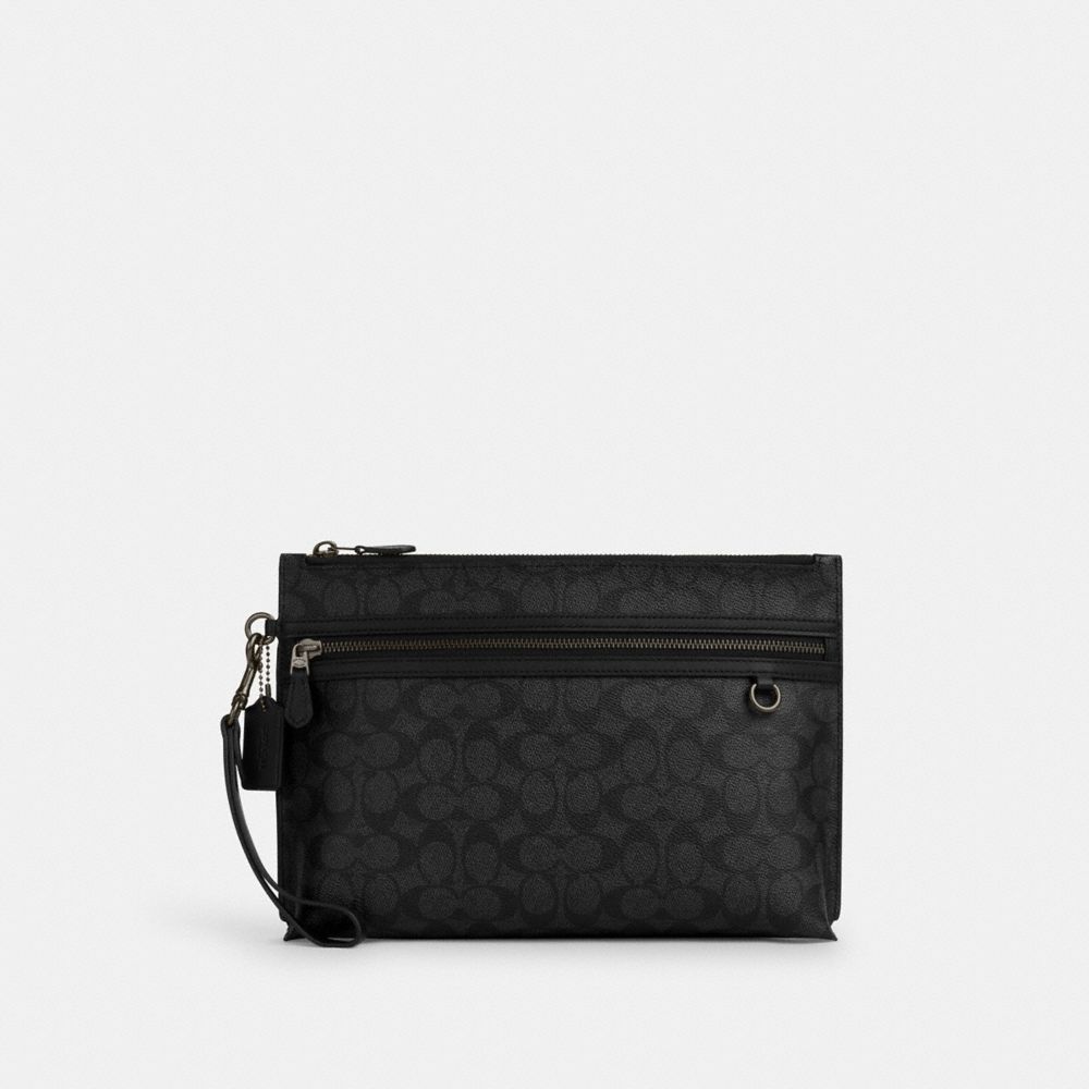 Coach Carry All Pouch In Signature Canvas Gunmetal Charcoal Black