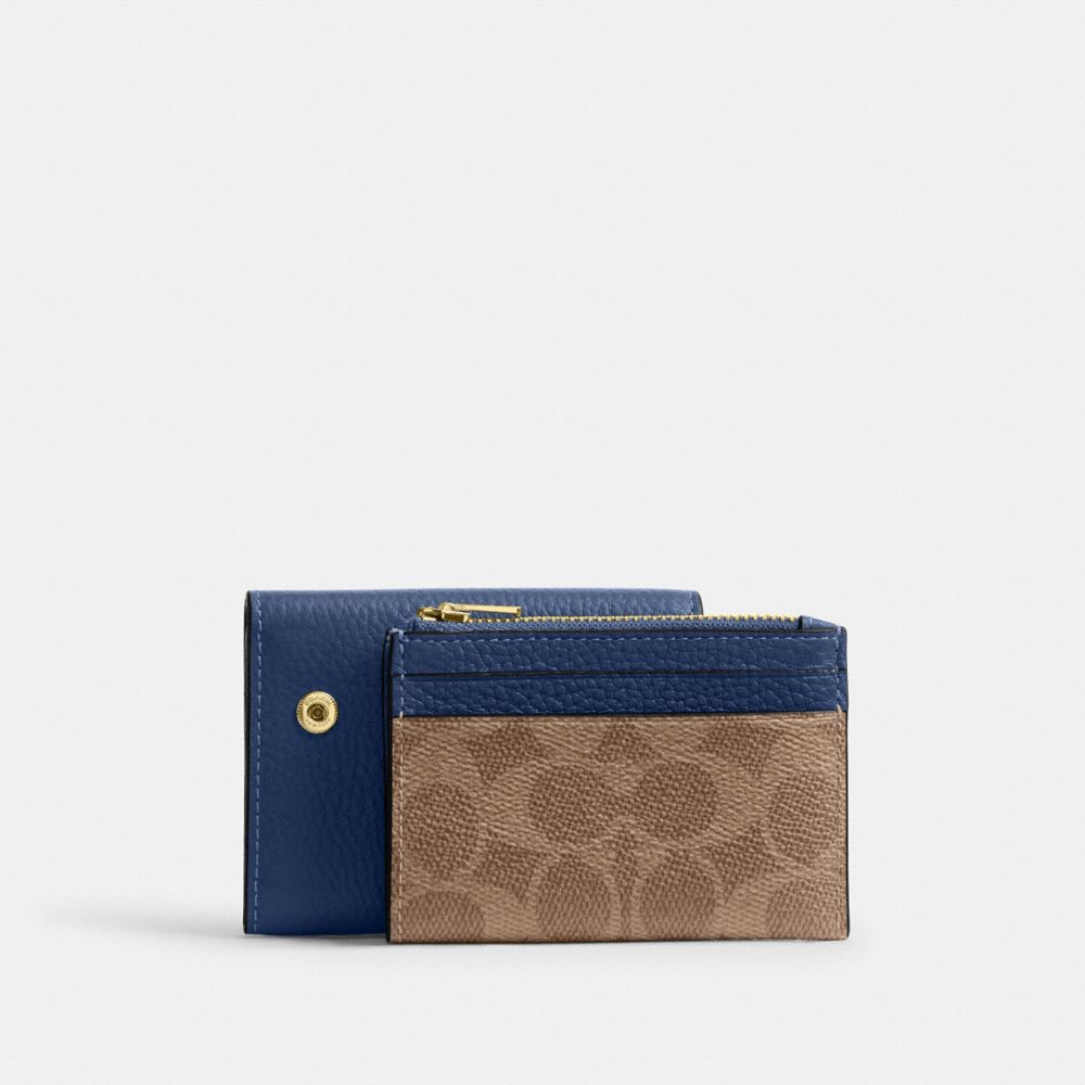 Coach Card Holder Wallet In Signature Canvas Im Tan Deep Blue