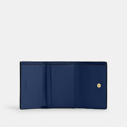 Coach Card Holder Wallet In Signature Canvas Gold Tan Deep Blue