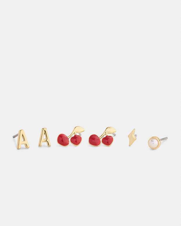 A Initial Stud Earrings Set Gold-Red Gold-Red