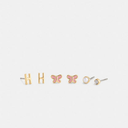Coach H Initial Stud Earrings Set Gold Pink