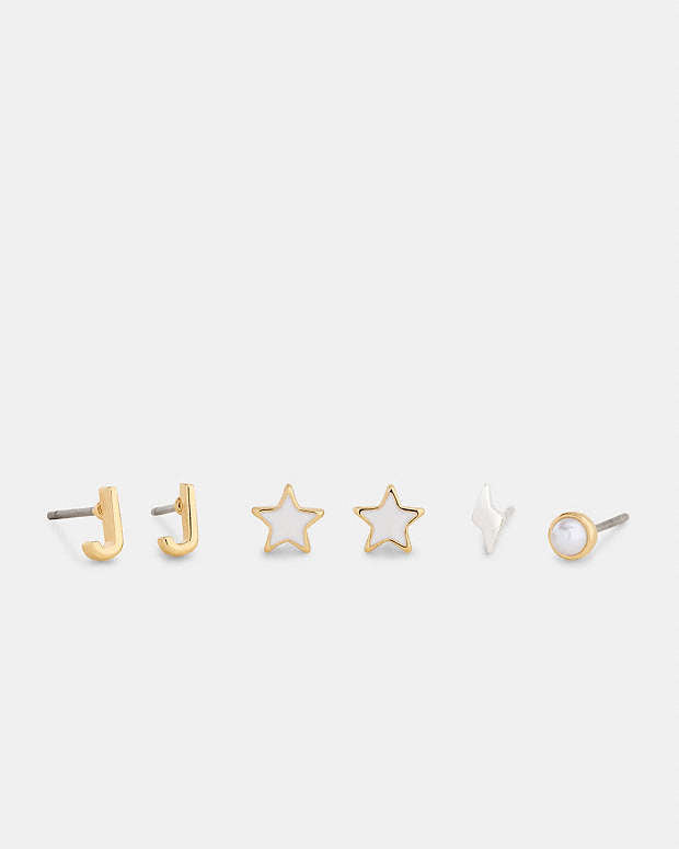 J Initial Stud Earrings Set Gold-White Gold-White