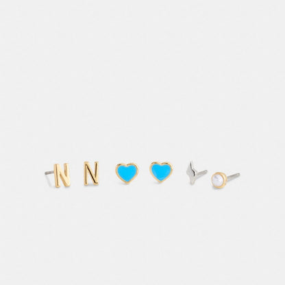 Coach N Initial Stud Earrings Set Gold Blue