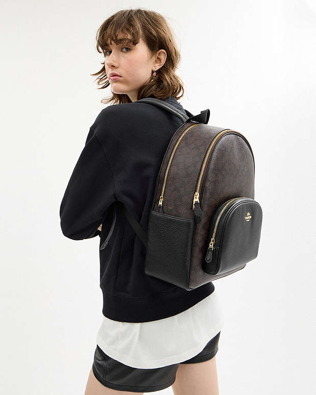 Large Court Backpack In Signature Canvas Signature Canvas-Gold-Walnut-Black Signature Canvas-Gold-Walnut-Black