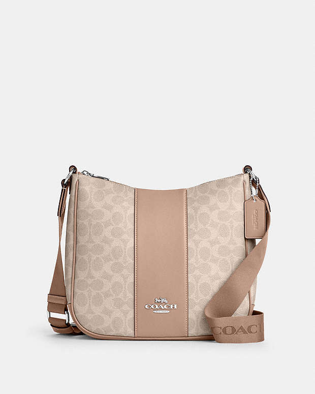 Ellie File Bag In Signature Canvas With Stripe Signature Canvas-Silver-Sand-Taupe Signature Canvas-Silver-Sand-Taupe