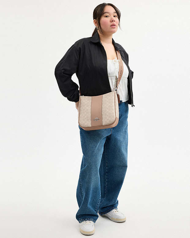 Ellie File Bag In Signature Canvas With Stripe Signature Canvas-Silver-Sand-Taupe Signature Canvas-Silver-Sand-Taupe
