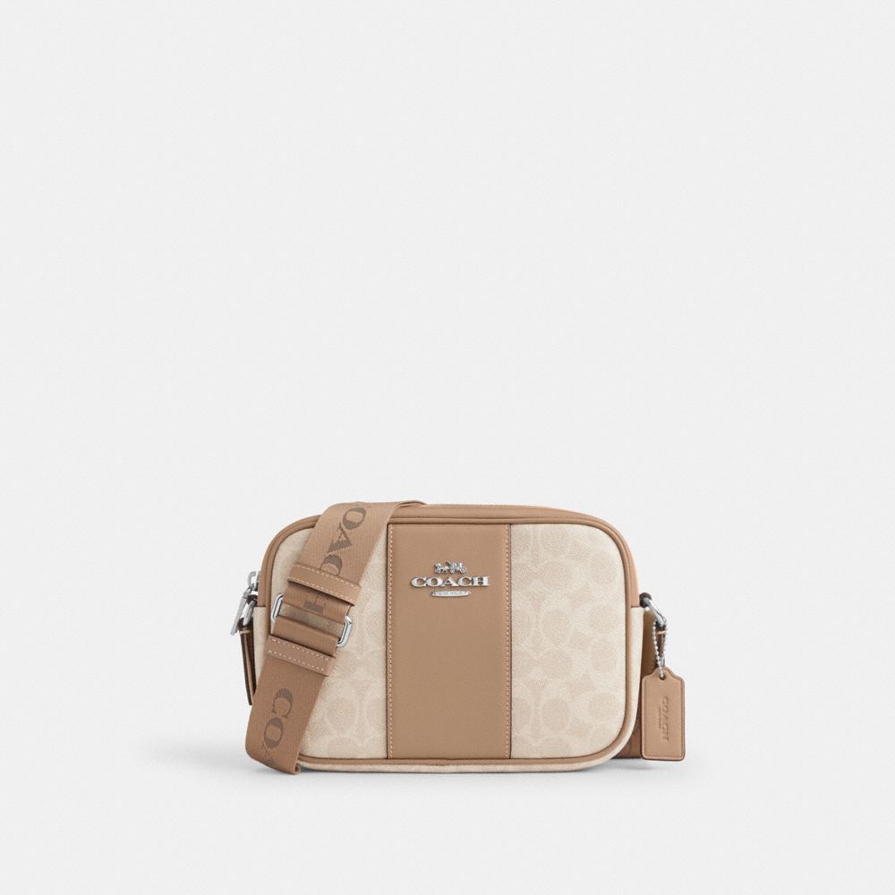 Jamie Camera Bag In Signature Canvas With Stripe Signature Canvas-Silver-Sand-Taupe Signature Canvas-Silver-Sand-Taupe