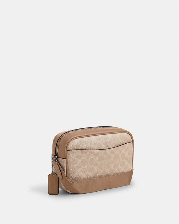 Jamie Camera Bag In Signature Canvas With Stripe Signature Canvas-Silver-Sand-Taupe Signature Canvas-Silver-Sand-Taupe