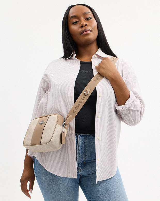 Jamie Camera Bag In Signature Canvas With Stripe Signature Canvas-Silver-Sand-Taupe Signature Canvas-Silver-Sand-Taupe
