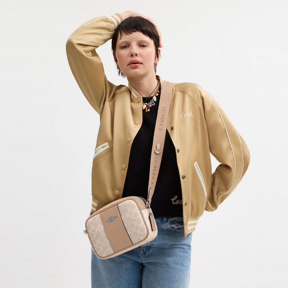 Jamie Camera Bag In Signature Canvas With Stripe Signature Canvas-Silver-Sand-Taupe Signature Canvas-Silver-Sand-Taupe
