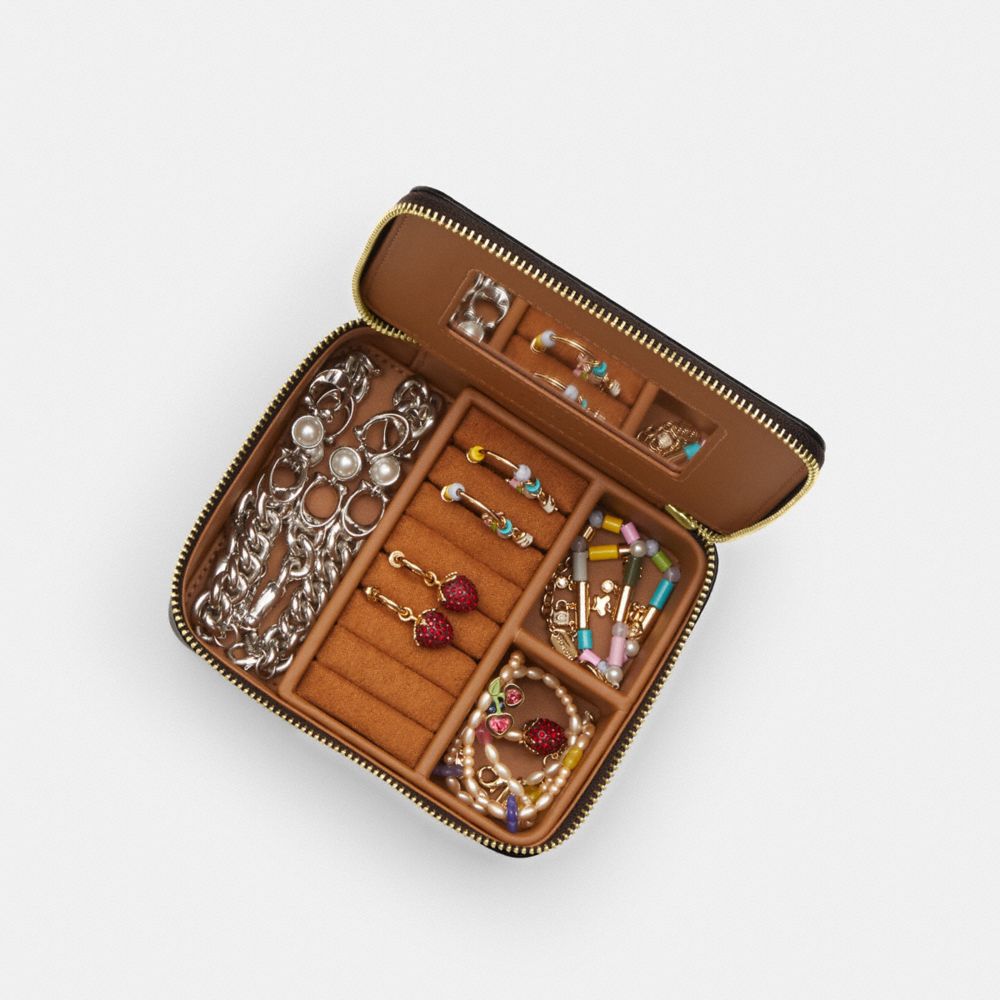 Coach Large Jewelry Box In Signature Canvas Gold Walnut Black