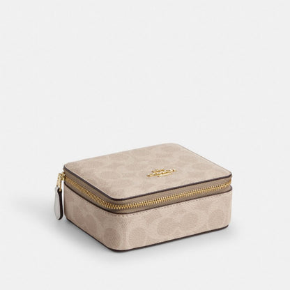 Coach Large Jewelry Box In Signature Canvas Gold Sand Chalk
