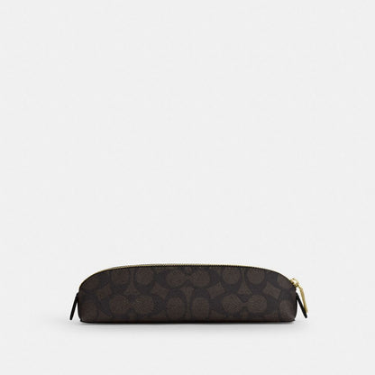 Coach Pencil Case In Signature Canvas Gold Walnut Black