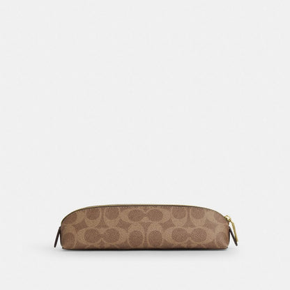 Coach Pencil Case In Signature Canvas Gold Tan Brown