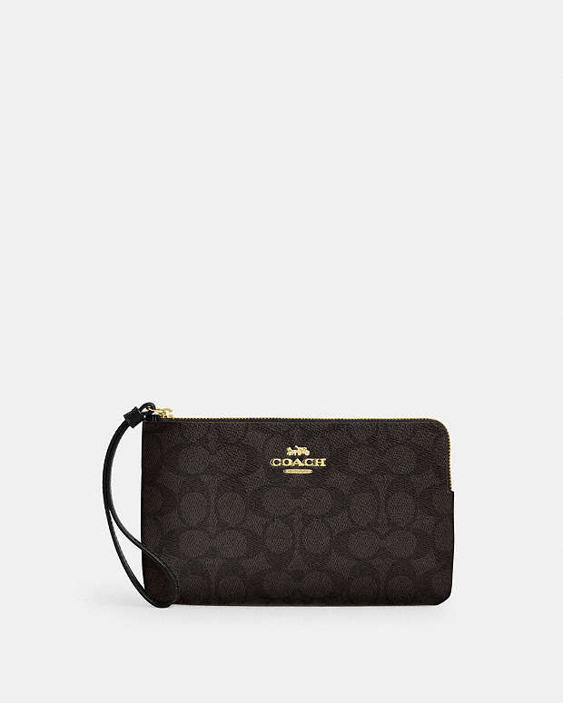 Large Corner Zip Wristlet In Signature Canvas Signature Canvas-Gold-Walnut-Black Signature Canvas-Gold-Walnut-Black
