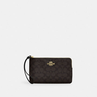 Coach Large Corner Zip Wristlet In Signature Canvas Gold Walnut Black