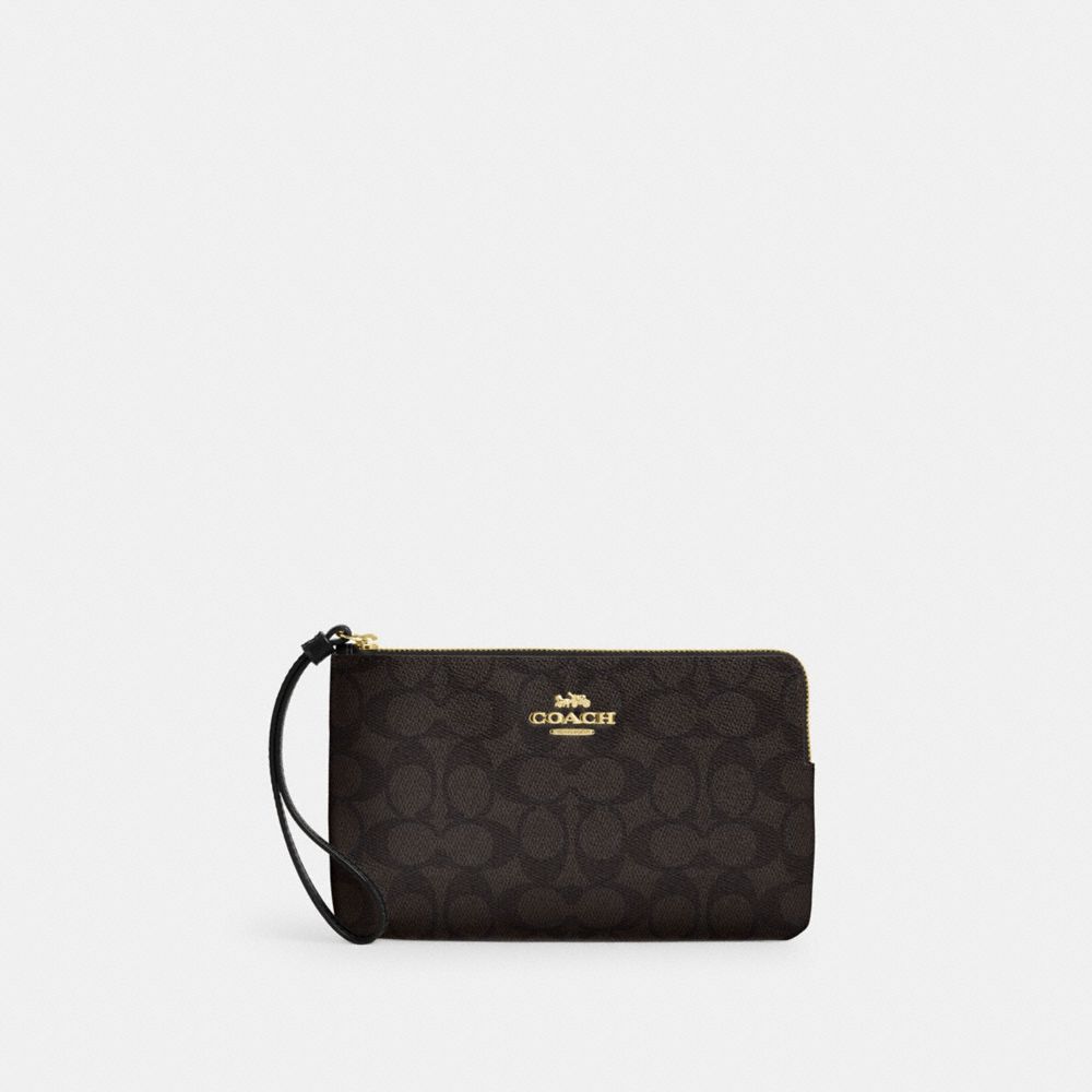 Large Corner Zip Wristlet In Signature Canvas Signature Canvas-Gold-Walnut-Black Signature Canvas-Gold-Walnut-Black