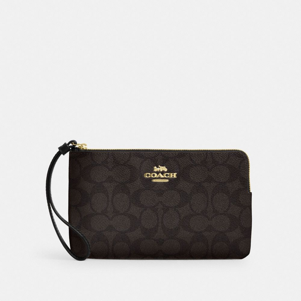 Coach Large Corner Zip Wristlet In Signature Canvas Gold Walnut Black