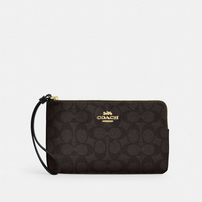 Coach Large Corner Zip Wristlet In Signature Canvas Gold Walnut Black