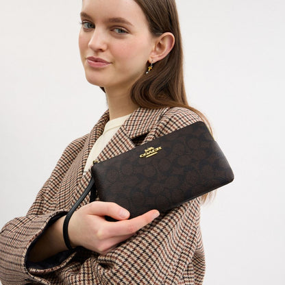 Coach Large Corner Zip Wristlet In Signature Canvas Gold Walnut Black