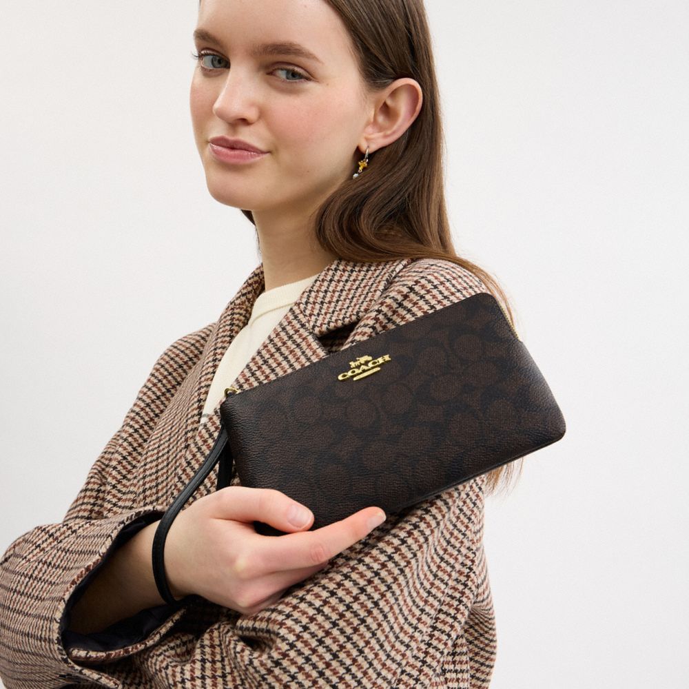 Coach Large Corner Zip Wristlet In Signature Canvas Gold Walnut Black