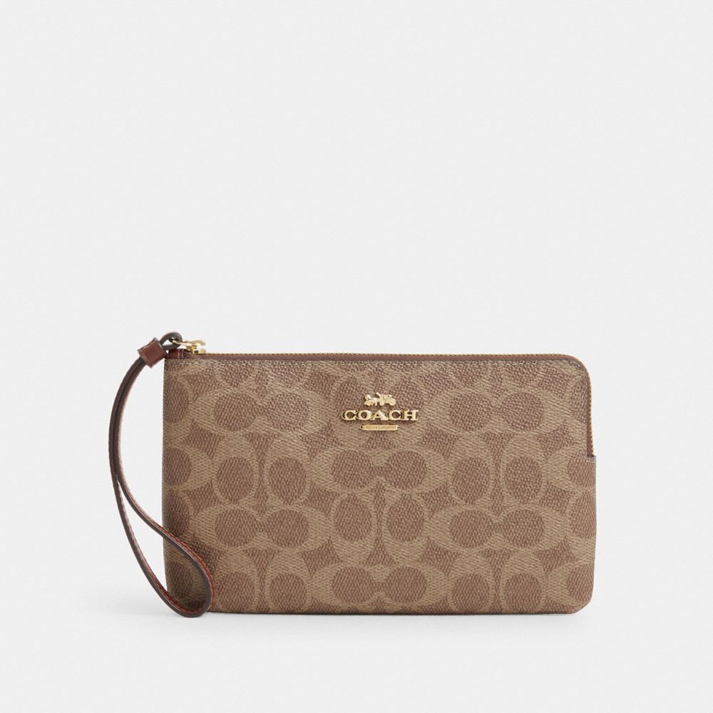 Coach Large Corner Zip Wristlet In Signature Canvas Gold Tan Brown