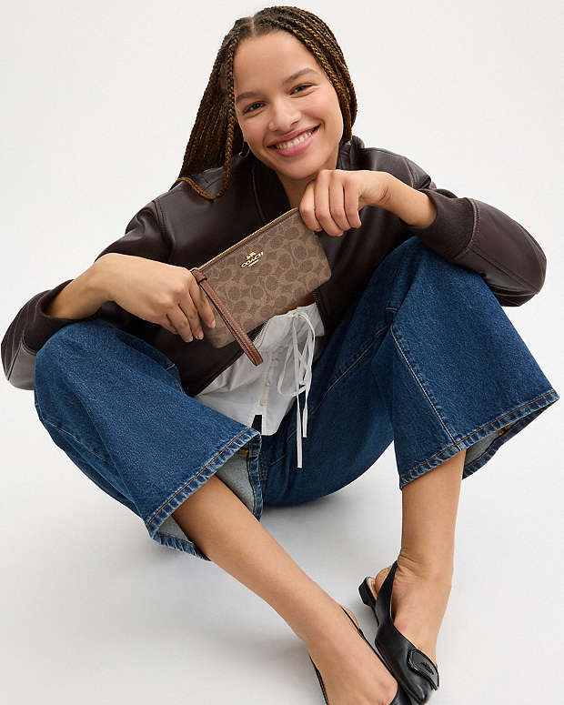 Large Corner Zip Wristlet In Signature Canvas Signature Canvas-Gold-Tan-Brown Signature Canvas-Gold-Tan-Brown