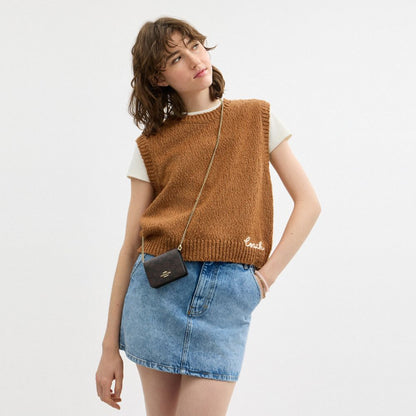 Coach Mini Wallet On A Chain In Signature Canvas Gold Walnut Black