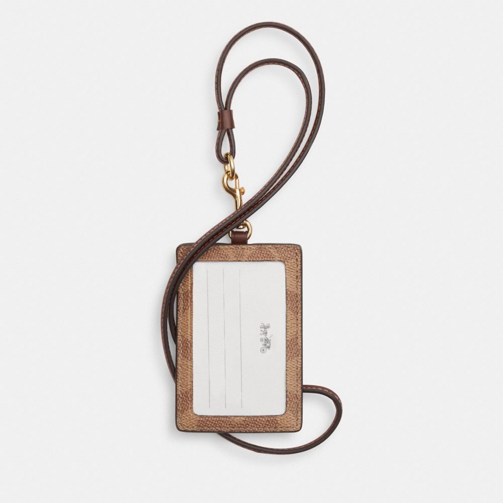 Coach Id Lanyard In Signaure Canvas Gold Tan Brown