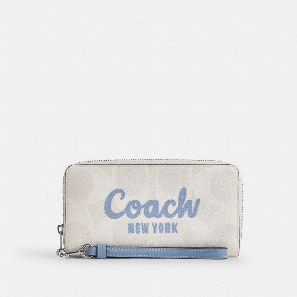 Coach Long Zip Around Wallet In Signature Canvas With Coach Graphic Silver