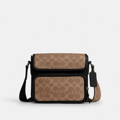 Coach Sullivan Flap Crossbody Bag In Signature Canvas Gunmetal Tan Black