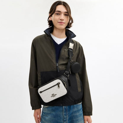 Coach Elias Belt Bag In Signature Canvas Gunmetal Chalk Black