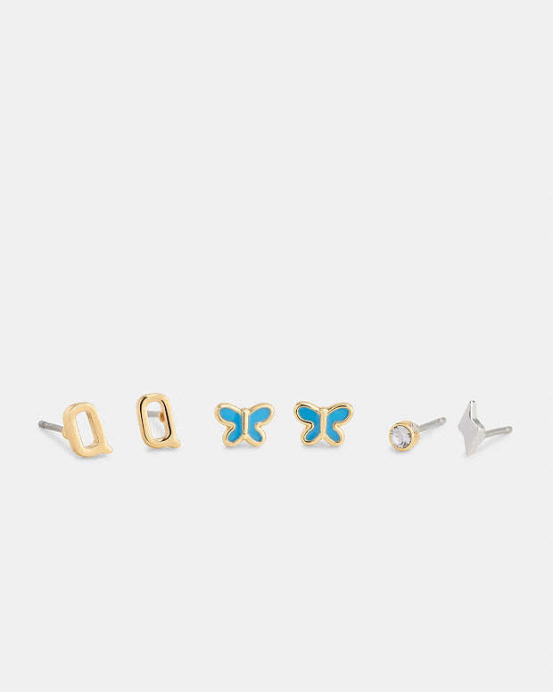 Q Initial Stud Earrings Set Gold-Blue Gold-Blue