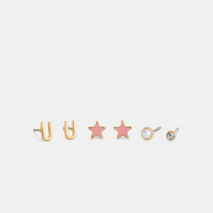 Coach U Initial Stud Earrings Set Gold Pink
