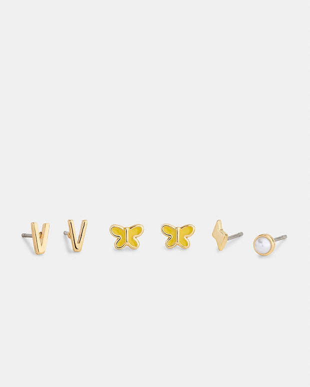 V Initial Stud Earrings Set Gold-Yellow Gold-Yellow
